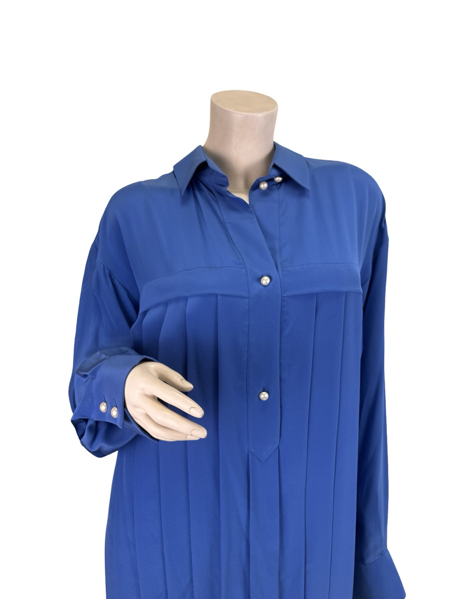 CHANEL Long-Sleeved Blue Button-Down Pleated Two Piece