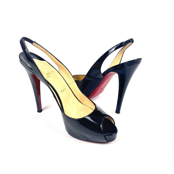 Christian Louboutin Black Patent Slingback Peep-Toe Heels