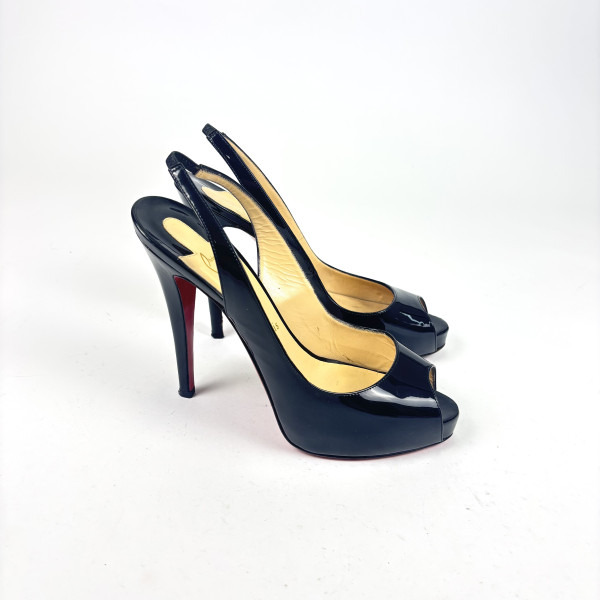 Christian Louboutin Black Patent Slingback Peep-Toe Heels
