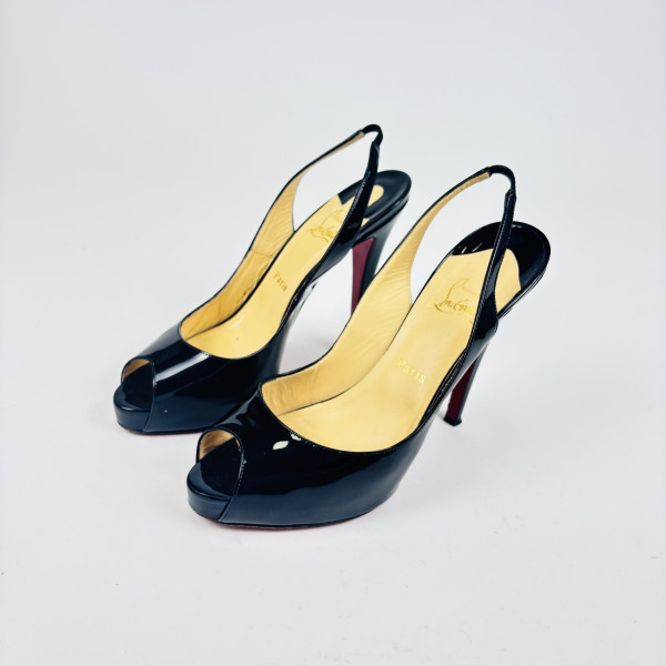 Christian Louboutin Black Patent Slingback Peep-Toe Heels