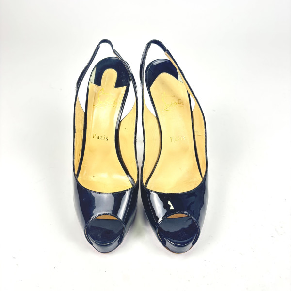 Christian Louboutin Black Patent Slingback Peep-Toe Heels