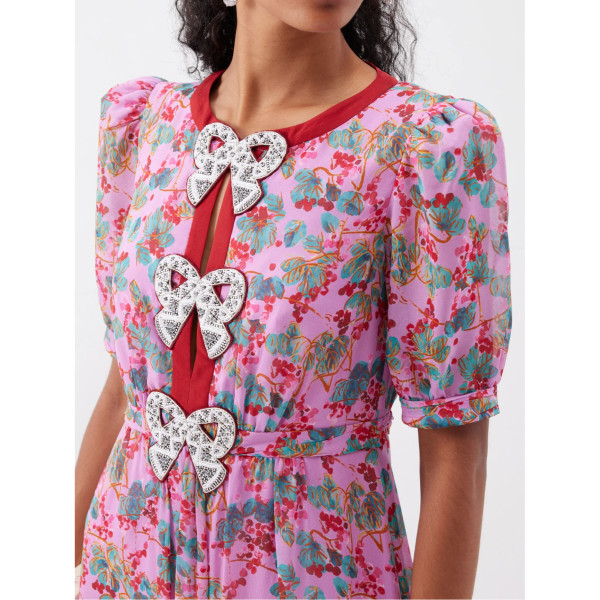 Saloni Jamie Crystal-Bow Floral-Print Dress