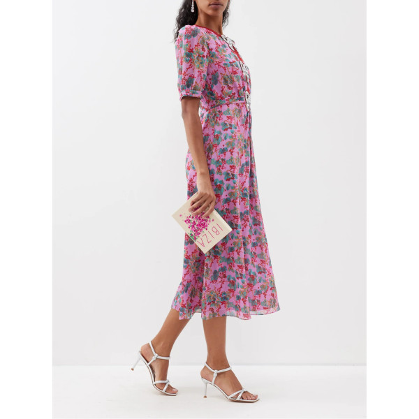 Saloni Jamie Crystal-Bow Floral-Print Dress