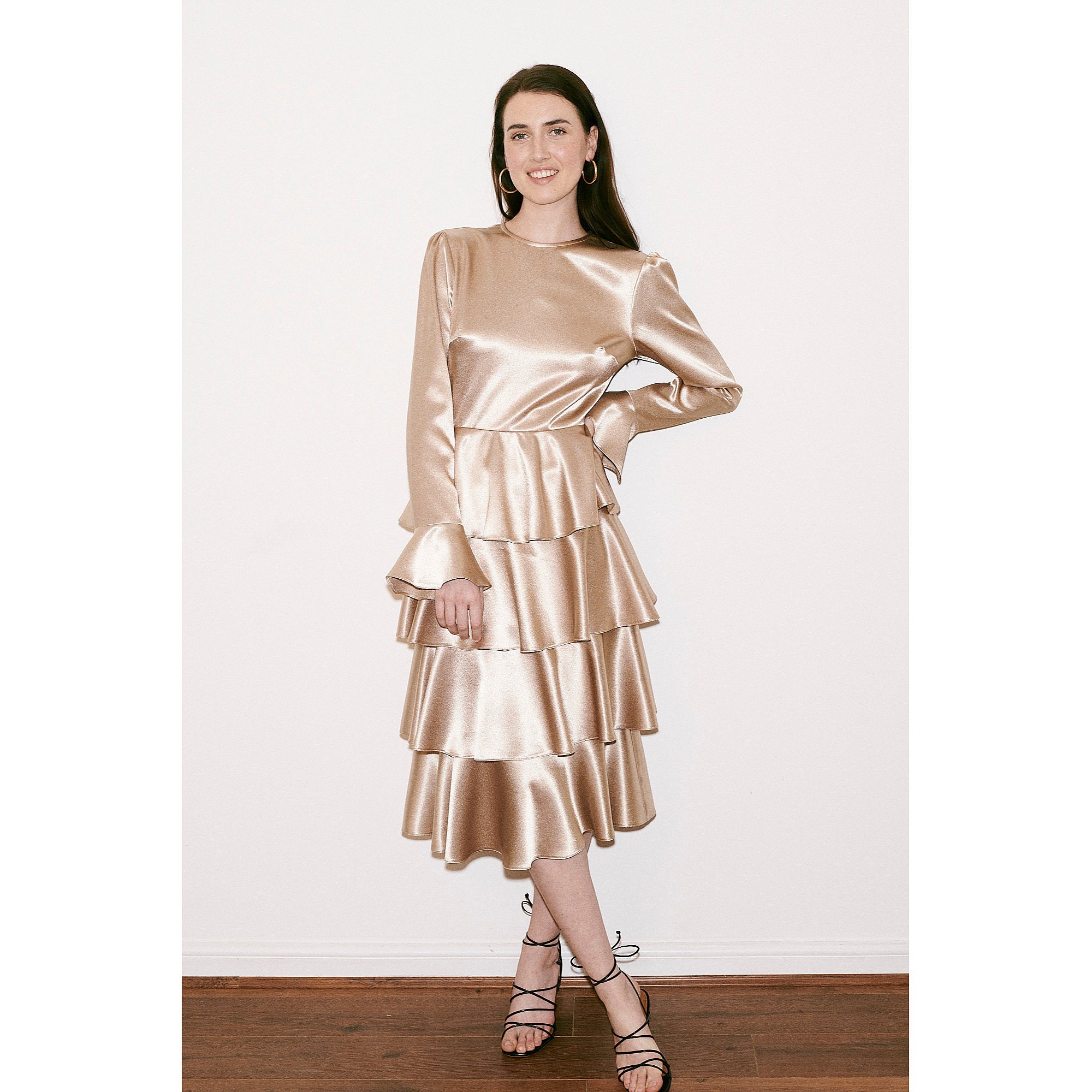 Franks London Claire Satin Ruffle Midi Dress