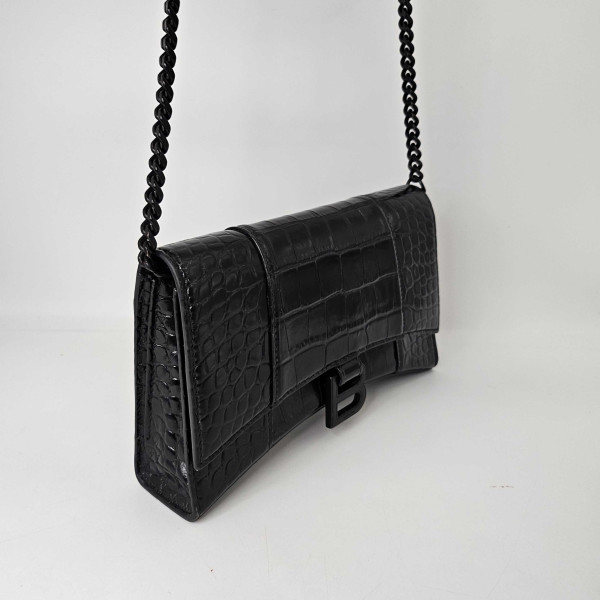 Balenciaga Hourglass Chain Bag in Black Shiny Crocodile Embossed Calfskin