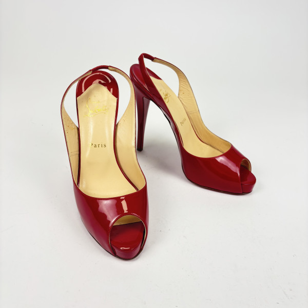 Christian Louboutin Red Patent Slingback Peep-Toe Heels