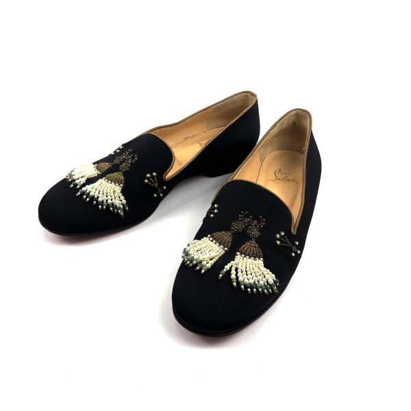 Christian Louboutin Embellished Black Satin Smoking Slippers