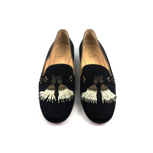 Christian Louboutin Embellished Black Satin Smoking Slippers