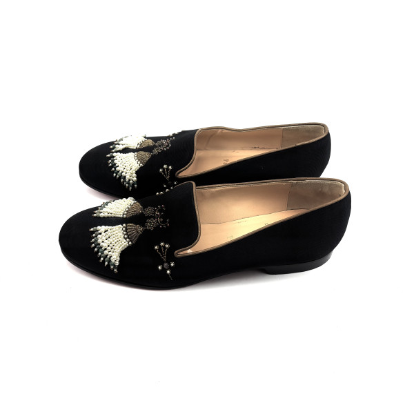 Christian Louboutin Embellished Black Satin Smoking Slippers