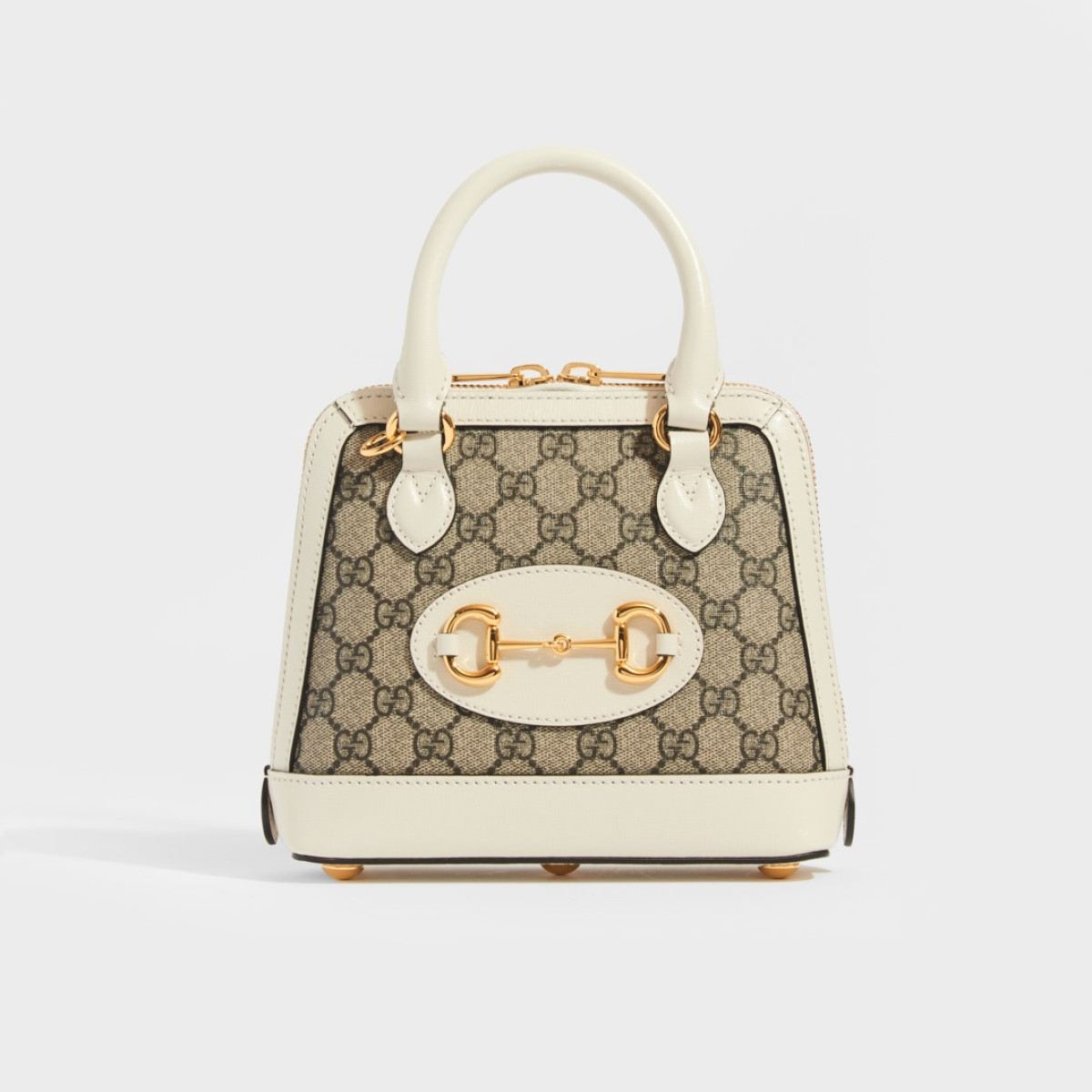 Gucci Horsebit 1955 Mini Top Handle Bag in GG Supreme Canvas with White Leather