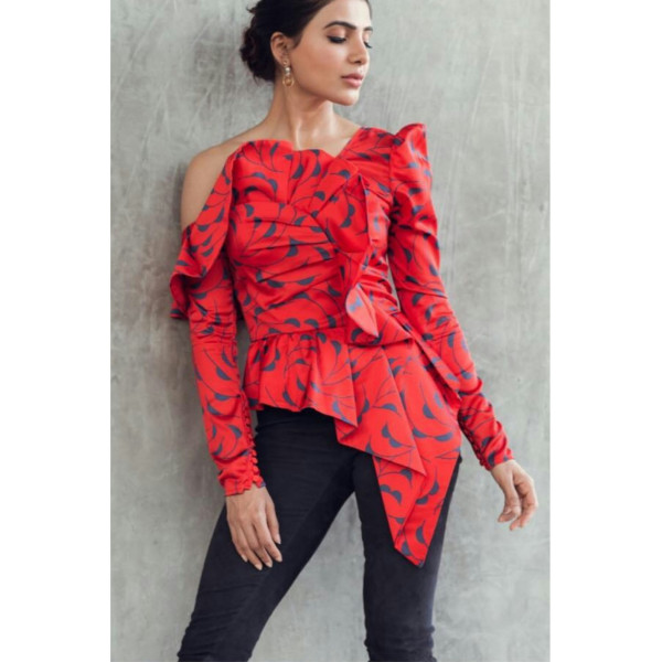 Self-Portrait One Shoulder Printed Red Frill Top