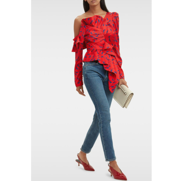 Self-Portrait One Shoulder Printed Red Frill Top