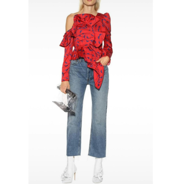 Self-Portrait One Shoulder Printed Red Frill Top