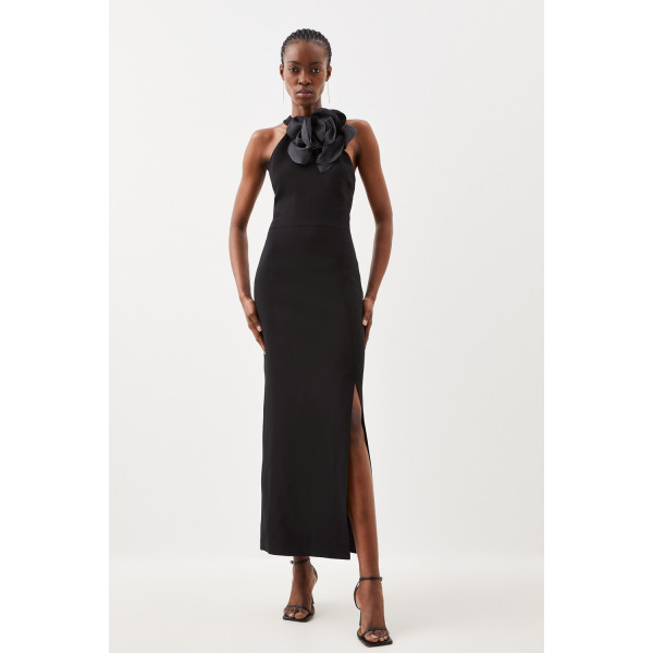 Karen Millen Compact Viscose Corsage Detail Tailored Halterneck Midaxi Dress