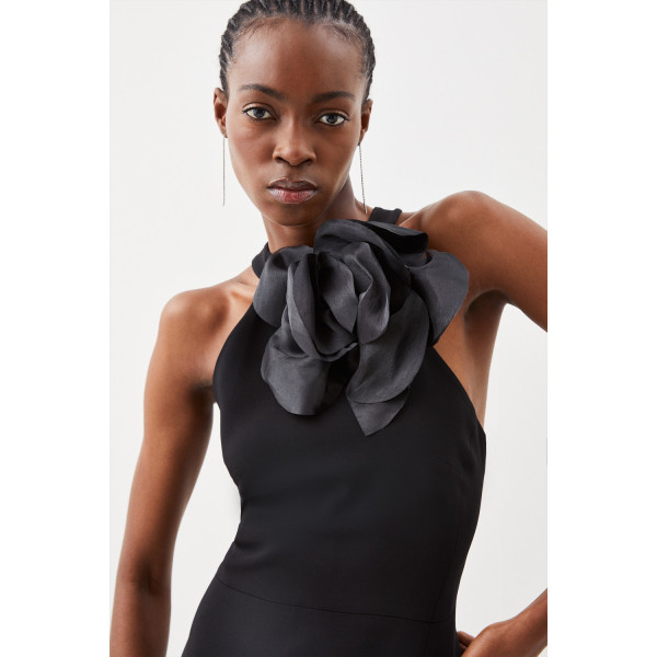 Karen Millen Compact Viscose Corsage Detail Tailored Halterneck Midaxi Dress