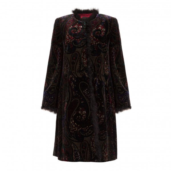 Caroline Charles Velvet Coat with Feather Trim