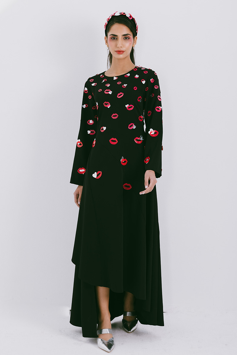 Azzalia Long Sleeve Crepe Flowy Maxi Dress with Scattered Embroidery in Lips and Heart Motifs