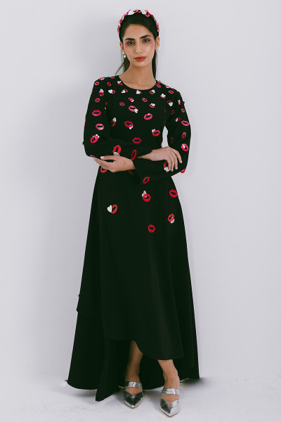 Azzalia Long Sleeve Crepe Flowy Maxi Dress with Scattered Embroidery in Lips and Heart Motifs