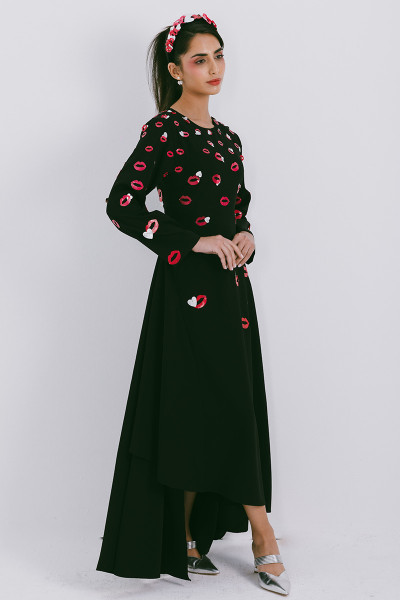 Azzalia Long Sleeve Crepe Flowy Maxi Dress with Scattered Embroidery in Lips and Heart Motifs