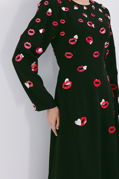 Azzalia Long Sleeve Crepe Flowy Maxi Dress with Scattered Embroidery in Lips and Heart Motifs
