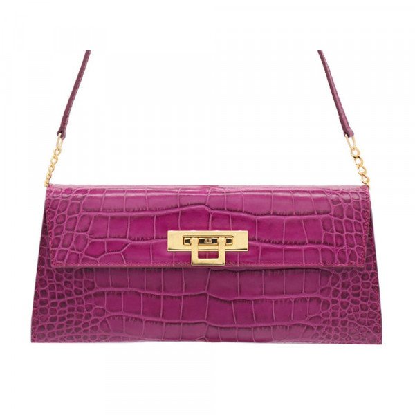 Lalage Beaumont Fonteyn Clutch 'Croc' Print Leather Handbag - Cyclamen