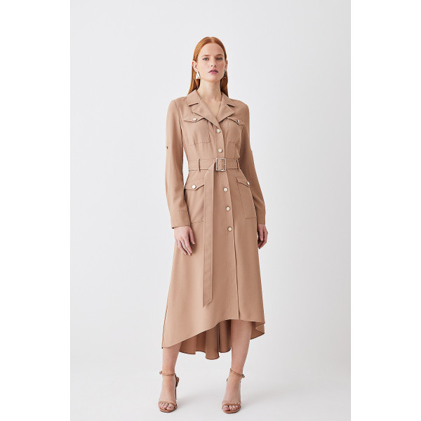 Karen Millen Soft Tailored Belted Crepe High Low Shirtdress